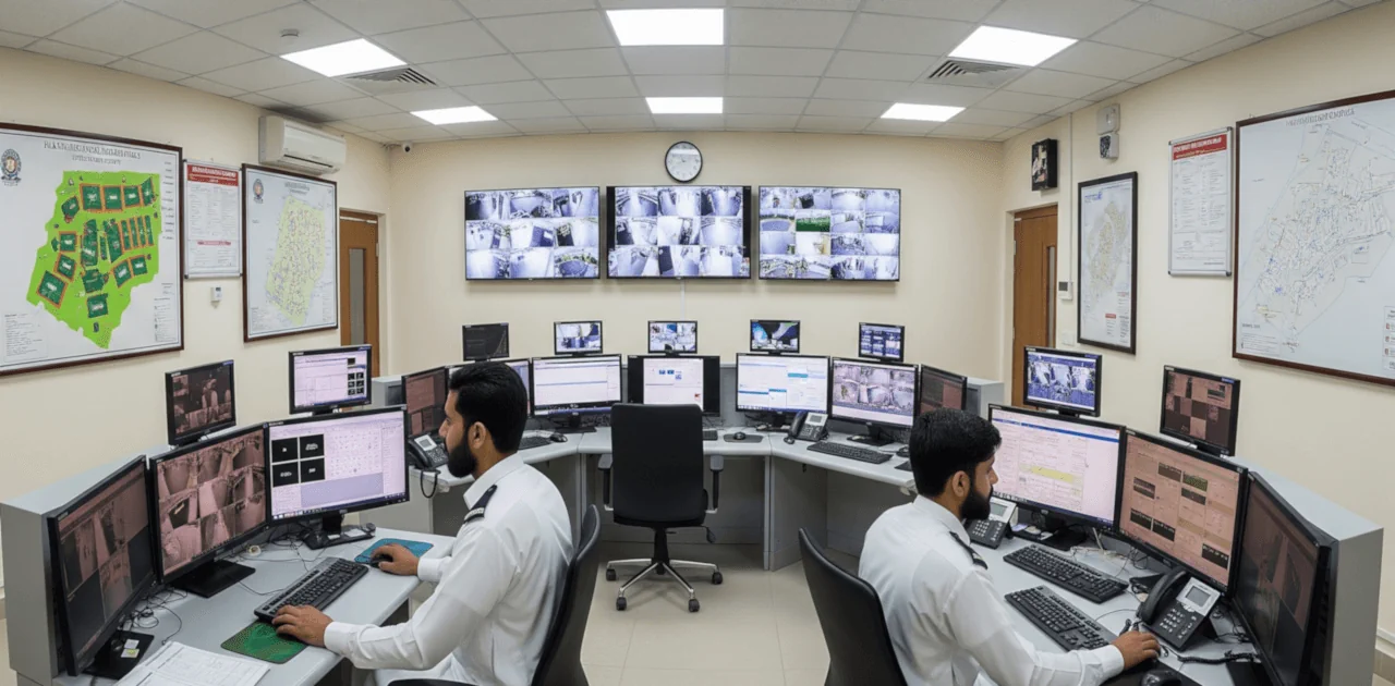 Two security officials in a control room