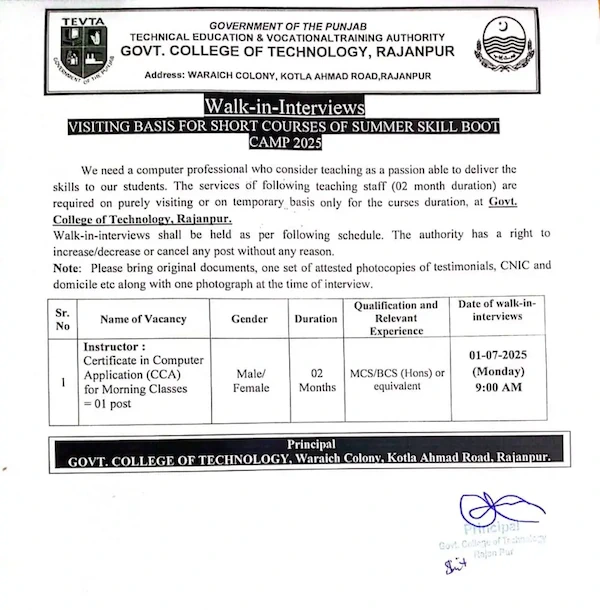 Vacancy for Comp instructor at GCT Rajanpur